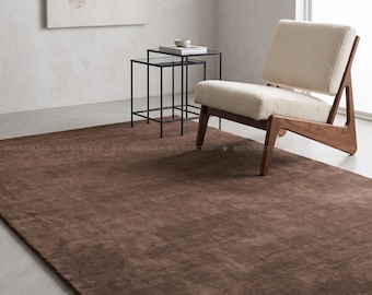 Hand Tufted Chocolate Brown New Zealand Wool Area Rug Solid Plush Minimalist Living Room Bedroom Carpet