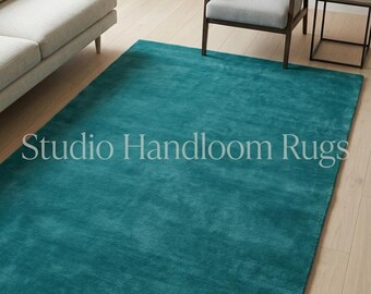 Hand Tufted New Zealand Wool Solid Teal Plush Soft Luxury Modern Minimalist Area Living Room Bedroom Carpet Custom Size Premium Home Decor