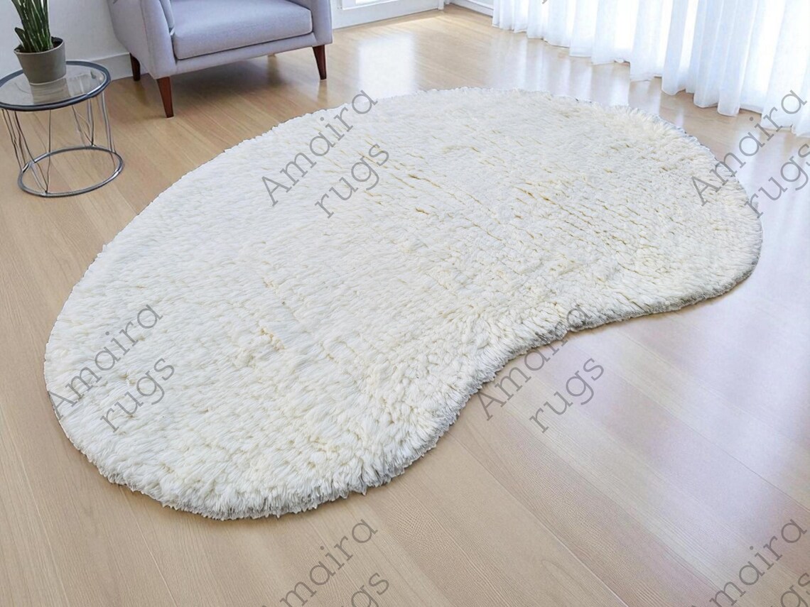 RESIDUE SHAGGY WOOL Bone White Rug Kidney Shape Rug for Living Room ...