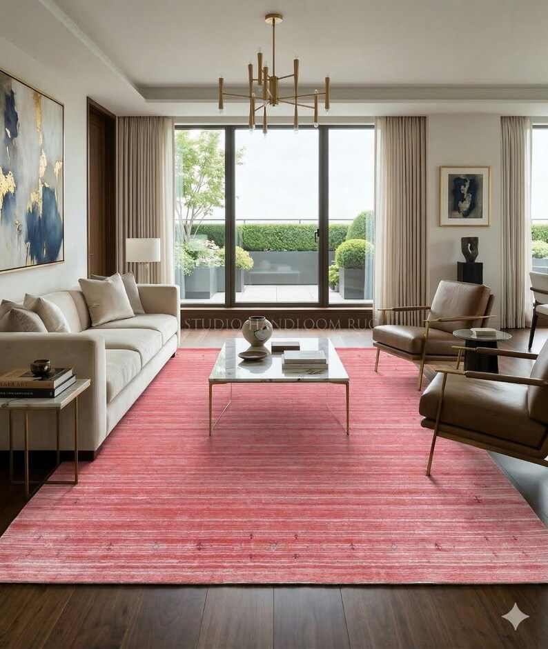 Alfombra de lana Loribaft Gabbeh auténtica, ultrasuave y de alta calidad, tejida a mano con nudos finos, color rosa coral, estilo Abrash, ideal para salas de estar modernas y bohemias. imagen 6