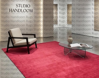 Hand Tufted New Zealand Wool Rug | Solid Cherry Red Area Carpet | Custom Size Plush Living Room Bedroom Modern Minimalist