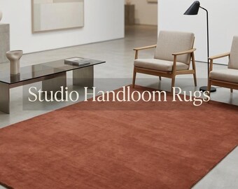 Hand Tufted New Zealand Wool Terracotta Area Rug Rust Burnt Orange Solid Minimalist Plush Carpet Custom Size Living Room Bedroom