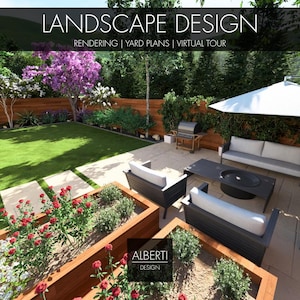 Könnte beinhalten: Ein gerendertes Landschaftsdesign mit einem Garten mit Rasen, Blumenbeeten und einer Terrasse mit Gartenmöbeln. Der Text "LANDSCAPE DESIGN" und das Logo "ALBERTI DESIGN" sind enthalten.