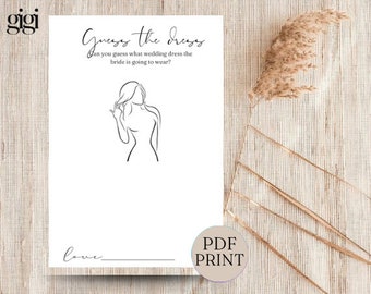 Guess the Dress Bridal Shower Game, Wedding Shower Games, Sketch the dress games, Bachelorette Party, Minimal, Boho, Kraft Paper, Printable