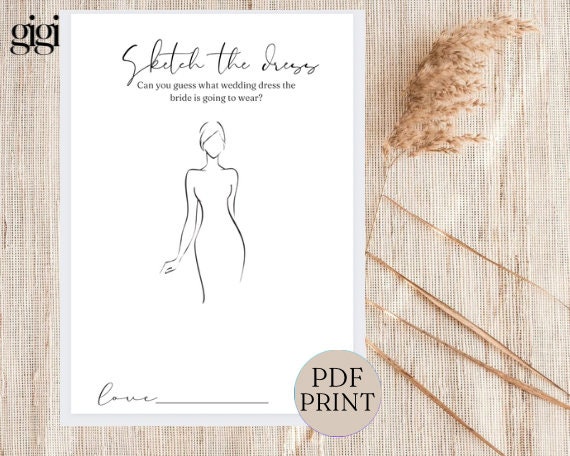 Guess the Dress Bridal Shower Game, Wedding Shower Games, Sketch the dress games, Bachelorette Party, Minimal, Boho, Kraft Paper, Printable