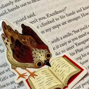 Puede incluir: Un búho marrón y blanco con ojos grandes está leyendo un libro con una cubierta roja. El búho está posado en una rama con las alas extendidas. El libro está abierto en una página con líneas de texto. El búho está mirando el libro con una expresión seria.