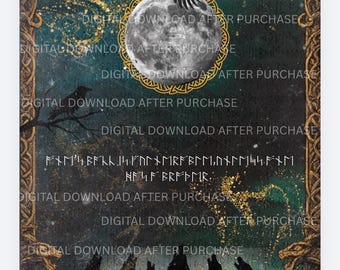 Viking Raven Moon konsttryck, nordisk mytologi vargar, mörk fantasy häxdekor (digital nedladdning)