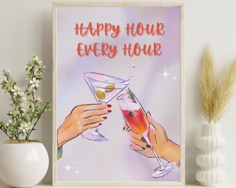 May include: A framed print with the text "HAPPY HOUR EVERY HOUR" in red. The artwork depicts two hands toasting with cocktails, one a martini with olives, the other a champagne flute. The background is a soft purple and white gradient.