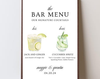 8x10 Signature Drink Sign | Bar Menu | Wedding Drink Sign | His and Hers Drinks | Drink Sign | Drink Menu | Cocktail Menu