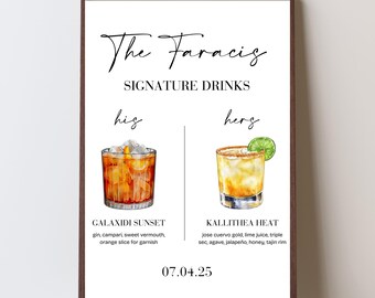 May include: A framed print featuring two watercolor cocktail illustrations. The text reads "The Faracis Signature Drinks" with "his" and "hers" labels. The cocktails are "Galaxidi Sunset" and "Kallithea Heat". The date "07.04.25" is at the bottom.
