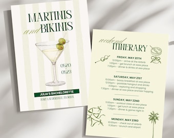 May include: A bachelorette party invitation and weekend itinerary set featuring a martini glass illustration with olives, green text, and striped patterns. The text reads "MARTINIS and BIKINIS", "JULIA'S BACHELORETTE", "FORT LAUDERDALE, FLORIDA", and "weekend ITINERARY".