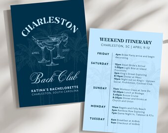 May include: A dark blue invitation card featuring palm tree illustrations and cocktail glasses with the text Charleston Bach Club Katina's Bachelorette April 2027, paired with a light blue weekend itinerary card listing events from Friday to Tuesday.