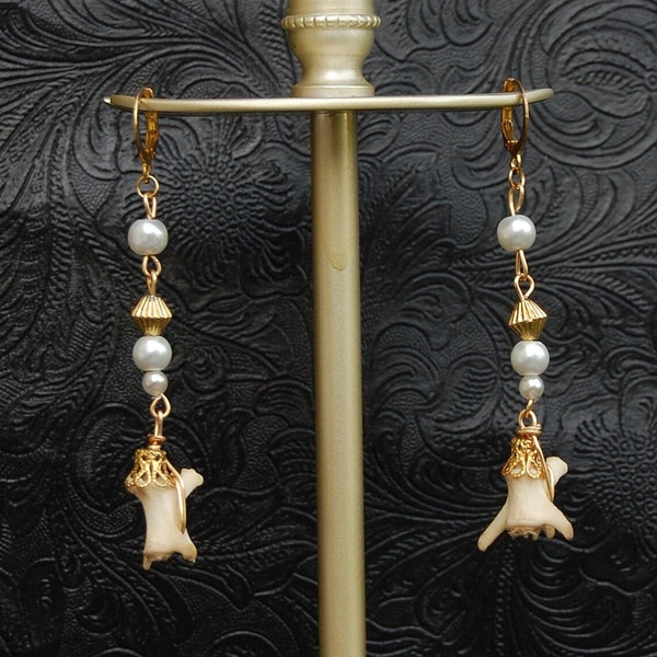 Fox vertebrae earrings, pearly glass beads, taxidermy, bones, curiosities, Victorian