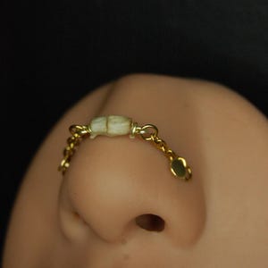 May include: A gold nose ring with a white stone and a chain attached to a small gold disc.