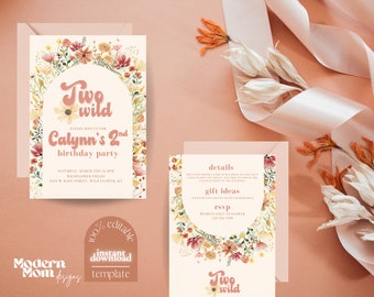 Two Wild Birthday Invitation | Boho Wildflowers Party | Floral | Instant Download | Editable