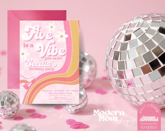 Five is a Vibe Birthday Invitation | Pink Disco Party | | Groovy Birthday| Instant Download | Editable
