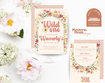 Wild One Birthday Invitation | Boho Wildflowers Party | Floral | Instant Download | Editable