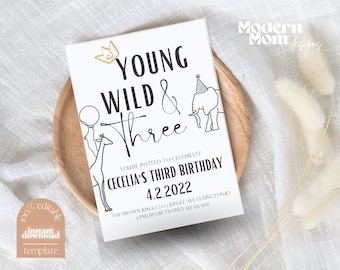 Young Wild and ThreeBirthday Invitation, 3rd Birthday Invite, Boho Invitation, Jungle Invitation, Modern Invitation, Digital, Boho Birthday