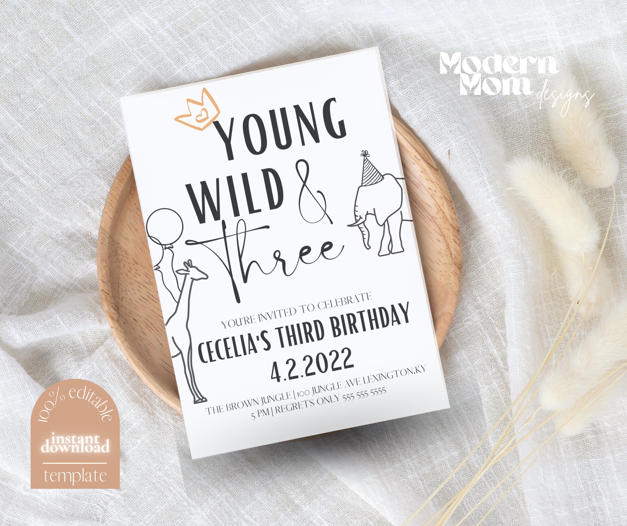 Young Wild and ThreeBirthday Invitation, 3rd Birthday Invite, Boho Invitation, Jungle Invitation, Modern Invitation, Digital, Boho Birthday