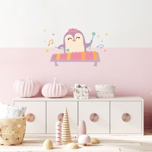 Cute Penguin Wall Sticker, Penguin Wall Decal, Music Kids Wall Decal, Pink Wall Decal, Kid Bedroom Decor, Playroom Decor, Nursery Wall Decor