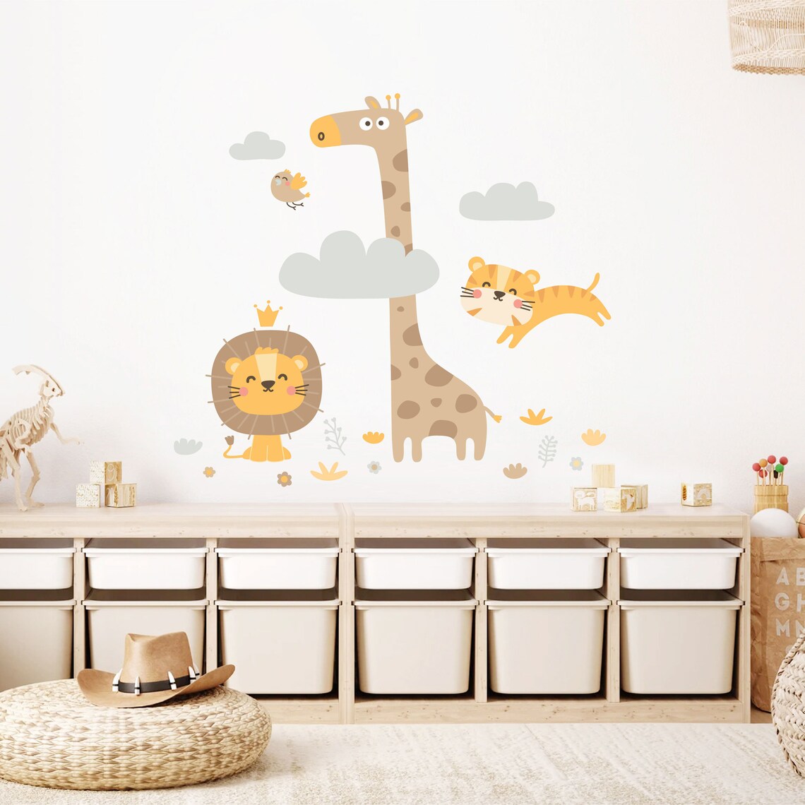Cute Safari Wall Sticker, Safari Animals Wall Decal, Lion Tiger Giraffe Wall Decal, Kids Bedroom