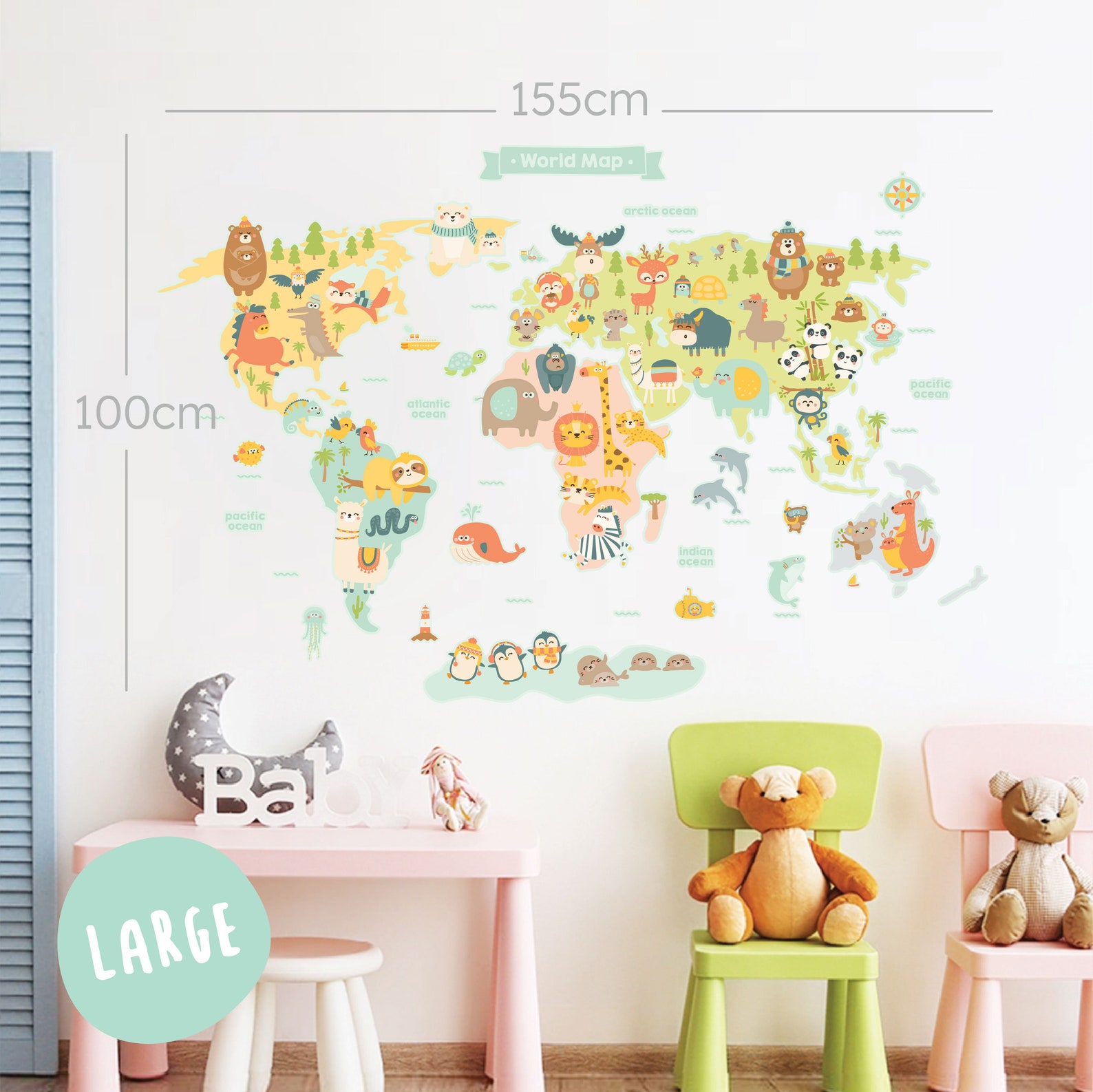 Animal World Map Wall Sticker, Animal World Map Wall Decal, Map Decal