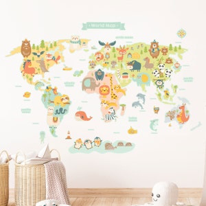 Sticker mural carte monde animal, Sticker mural carte monde animal, Sticker carte, art mural carte, art mural illustré, décoration de chambre d'enfant, art mural enfant