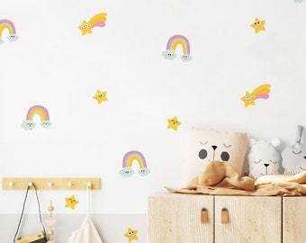 Etiqueta engomada de la pared del arco iris, etiqueta del arco iris y la estrella fugaz, pelar y pegar el arco iris y los cometas, decoración de la habitación de la niña, decoración de la pared del cuarto de niños, arte de la pared de la niña