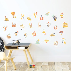 Adhesivo de pared con el alfabeto turco, adhesivo ilustrado del ABC, adhesivo educativo, adhesivo con el alfabeto, decoración de pared para guardería, decoración de pared para aula