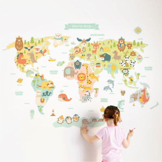 Animal World Map Wall Sticker Animal World Map Wall Decal - Etsy