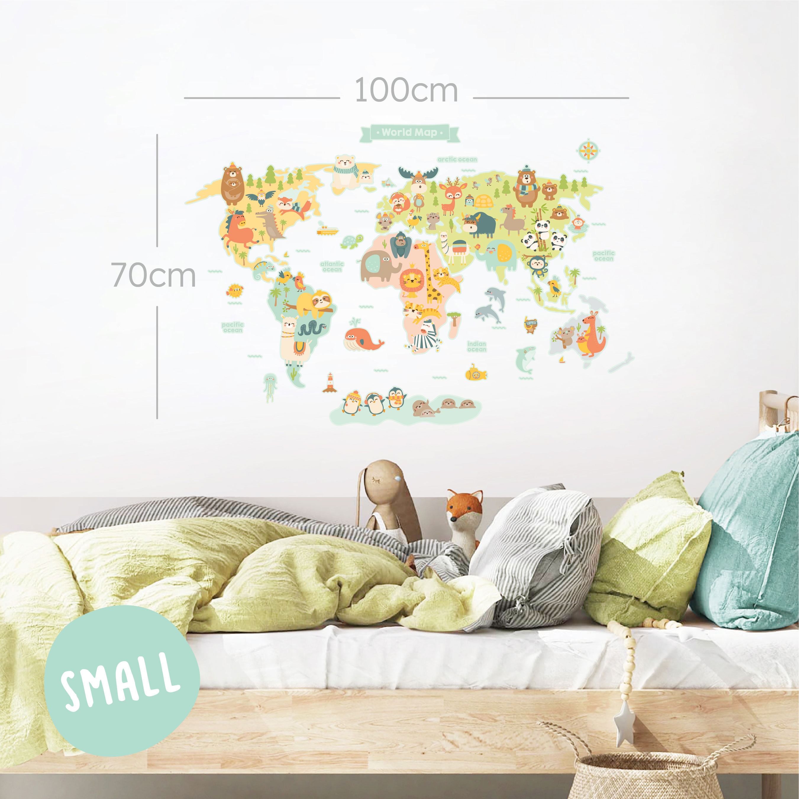 Animal World Map Wall Sticker, Animal World Map Wall Decal, Map Decal