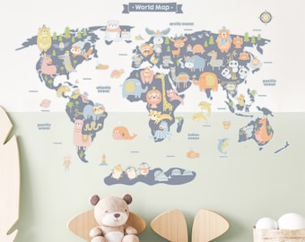 World Map Animal Wall Sticker, Animal World Map Wall Decal, Map Decal, Map Wall Art, Illustrated Wall Art, Kids Bedroom Decor, Kids Wall Art