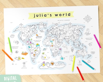 Poster carte du monde animal à colorier personnalisé pour enfants - Impression numérique