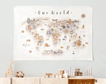 Tapisserie murale carte du monde animal pour enfants, tons ocre, produit naturel - 100 % coton biologique, continents et océans, décoration d'école à la maison