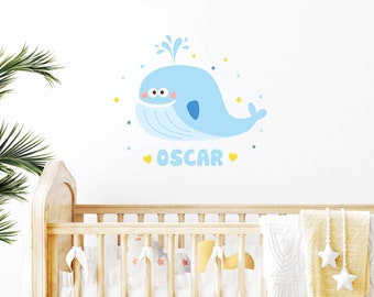 Personalized Name Wall Sticker, Whale Decal, Name Wall Decal, Ocean Decal, Sealife Wall Art, Kid Room Decor, Custom Gift Kid, New Baby Gift