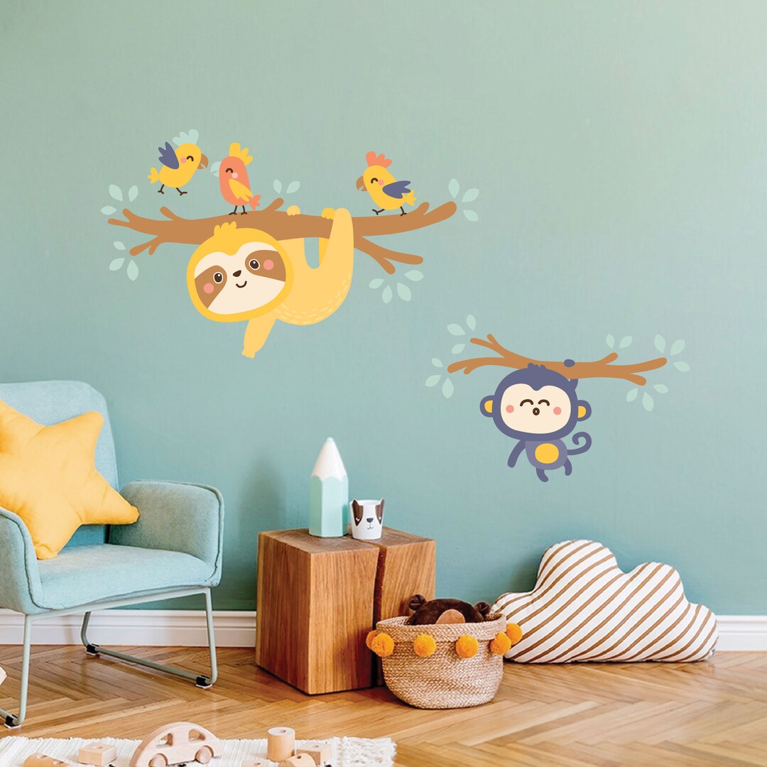 Sloth Wall Sticker, Sloth Wall Decal, Monkey Wall Decal, Parrot Decal