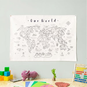 Wandbehang mit Karte aus der Welt der Tiere für Kinder, Naturbaumwolle, Schwarz-Weiß, Kinderzimmer Dekor