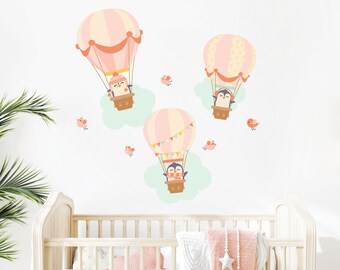 Pink Hot Air Balloon Wall Sticker, Hot Air Balloon Wall Decal, Cute Animal Wall Decal, Girl Bedroom Decor, Nursery Wall Decor, Pink Wall Art