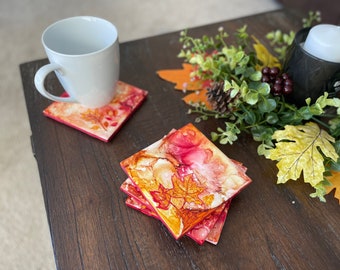 Autumn Leaves Ceramic Coaster | Ceramic Tile With Cork Backing | Set of 4 |  Handmade Drink Coaster Home Decor