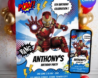 Iron Man Birthday Invitation + Evite Sizes: Avengers Superhero Party (Digital Download)