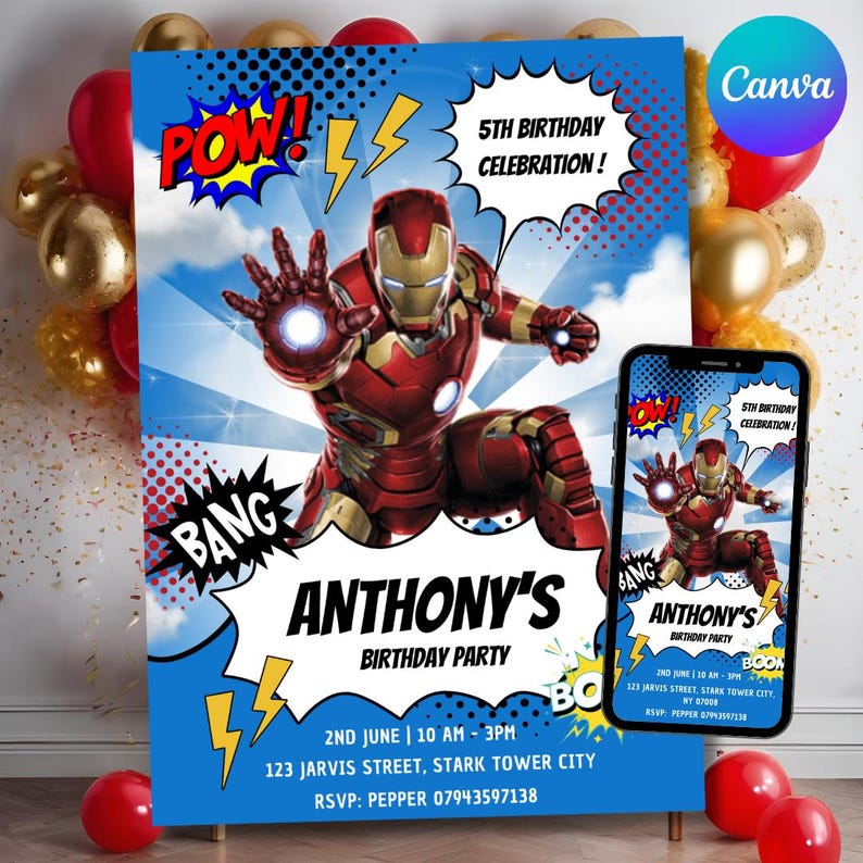 Iron Man Birthday Invitation + Evite Sizes: Avengers Superhero Party ...