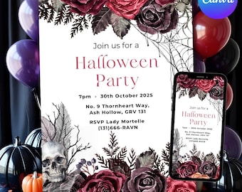 May include: A Halloween party invitation with a floral design in burgundy and black. The invitation includes the text "Join us for a Halloween Party" and event details. A smartphone displays the same invitation. Balloons and pumpkins decorate the background.