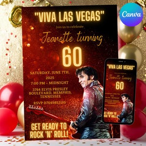 Viva Las Vegas Elvis Birthday Invitation | Rock 'n' Roll Party | Digital Download | Editable Template | 60th Birthday | Elvis Birthday Decor
