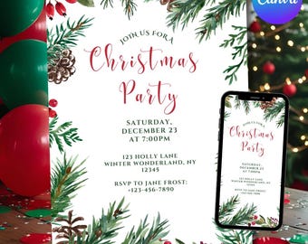 Personalized Christmas Party Invitation: Winter Foliage (Editable Digital Download)