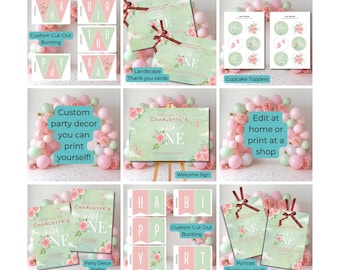 Pink Carnation Wild One Birthday Decor: Floral Party Printables (Canva Template, Digital Download)