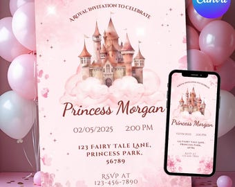 Royal Princess Invitation + Evite Sizes: Pink Castle, Fairytale Party (Digital Download, Canva Template)