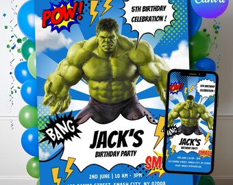 Hulk Birthday Invitation + Evite Sizes: Superhero Avengers Party (Editable Digital Download)