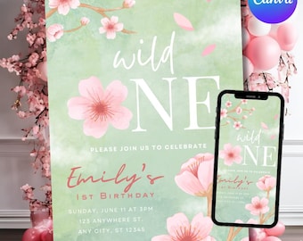 Cherry Blossom Wild One 1st Birthday Invitation, Sakura Theme (Editable Digital Download)