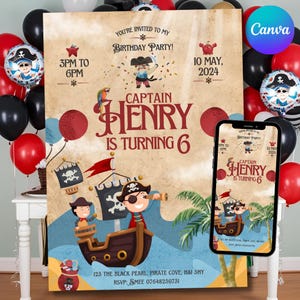 Pirate 6th Birthday Invitation + Evite Sizes Template: Treasure Map, Ahoy Matey (Digital Download)