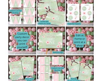 Pink Cherry Blossom Wild One Birthday Decor: Floral Party Printables (Canva Template, Digital Download)